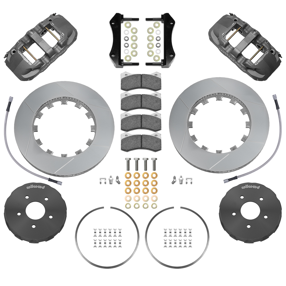 Wilwood AERO6 Big Brake Front Brake Kit (Race) Parts Laid Out - Type III Ano Caliper - GT Slotted Rotor