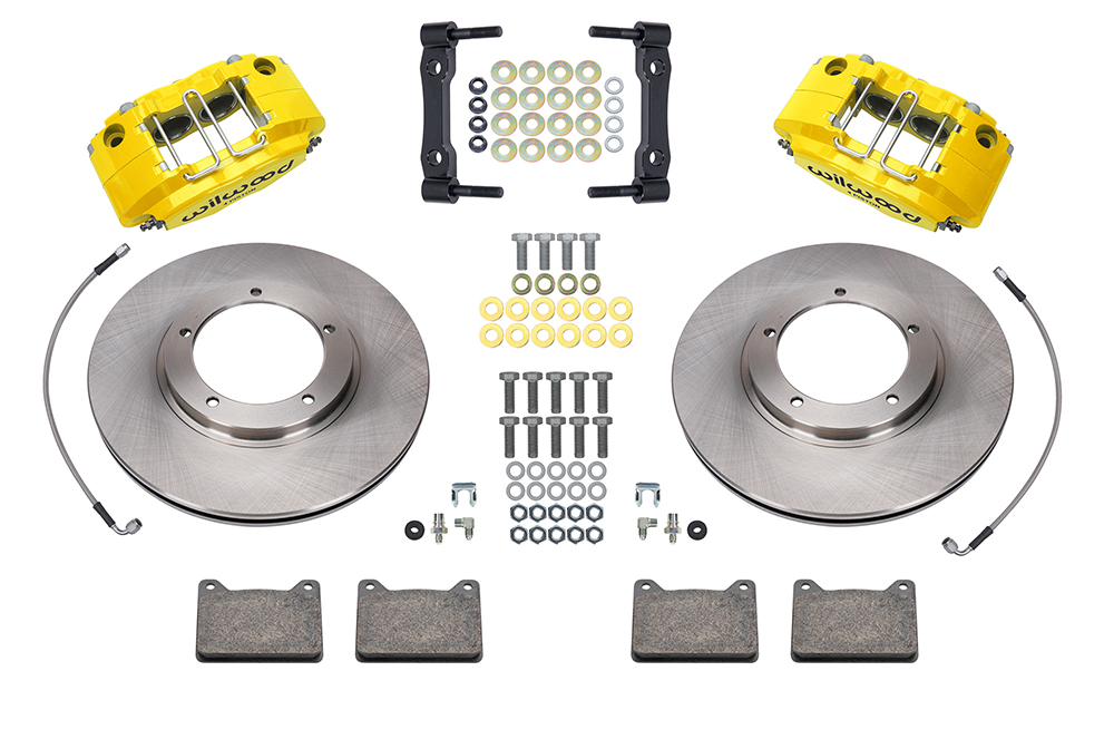 Wilwood Powerlite Front Brake Kit Parts Laid Out - Yellow Powder Coat Caliper - Plain Face Rotor