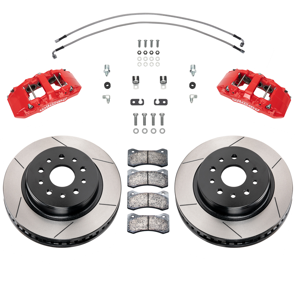 Wilwood AERO6-DM Direct-Mount Truck Front Brake Kit Parts Laid Out - Red Powder Coat Caliper - GT Slotted Rotor