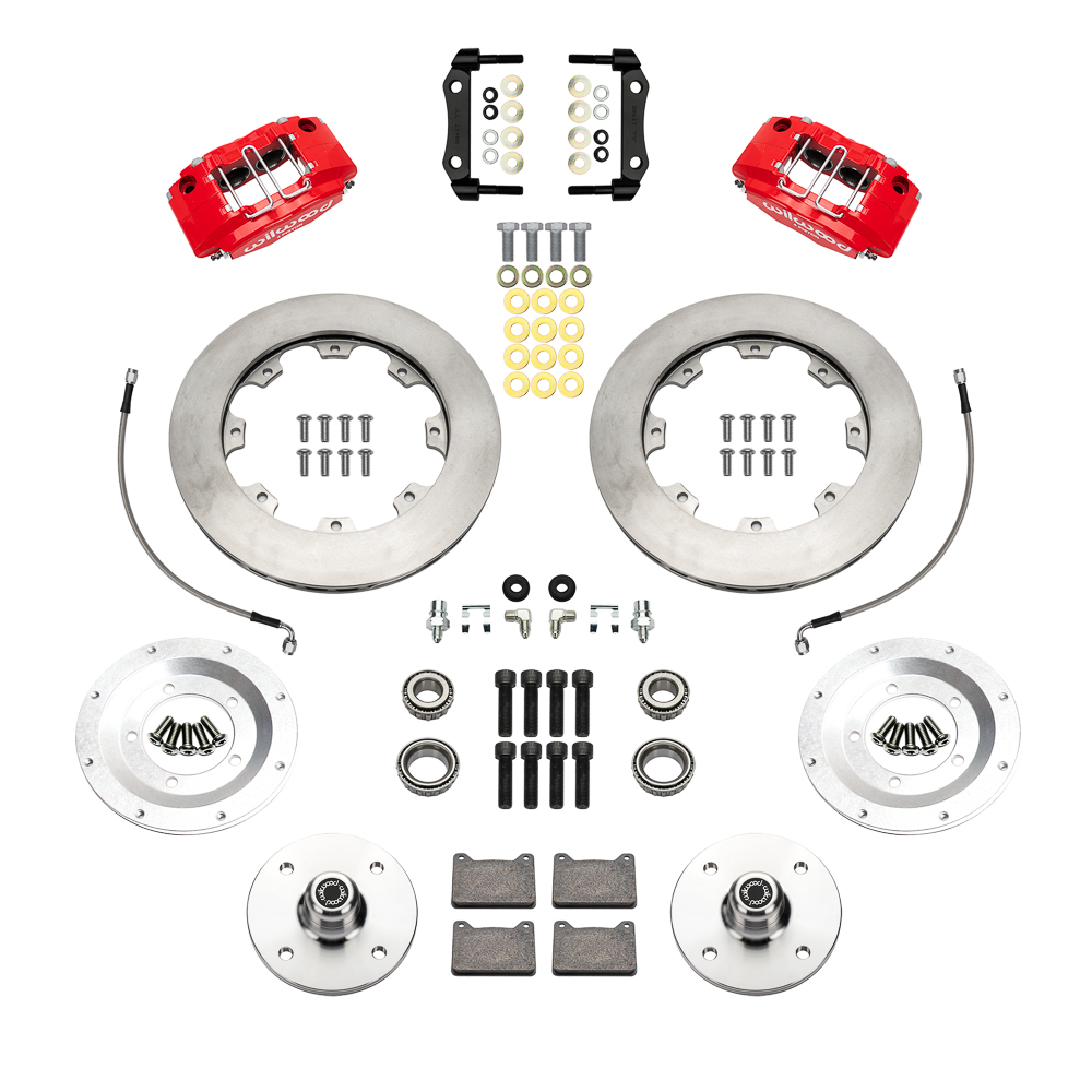 Wilwood Powerlite Front Brake Kit Parts Laid Out - Red Powder Coat Caliper - GT Slotted Rotor