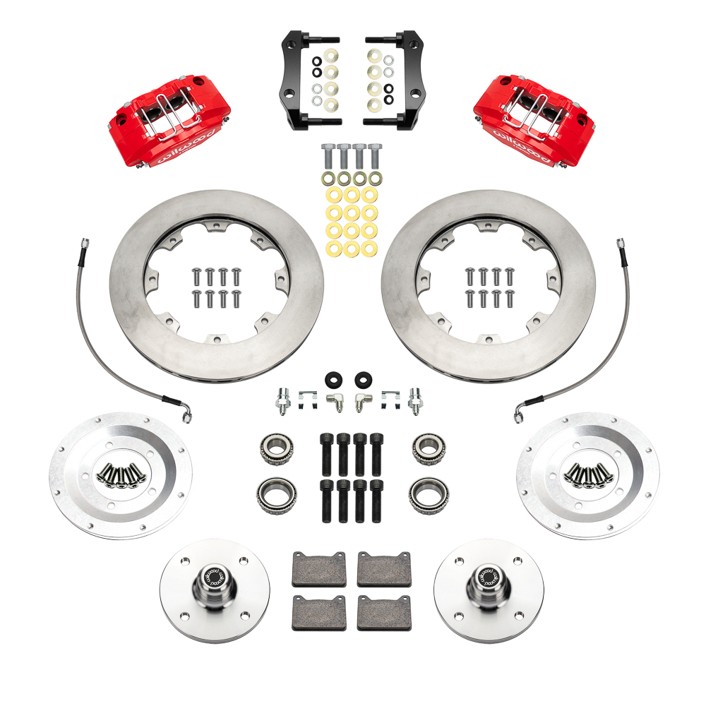 Wilwood Powerlite Front Brake Kit Parts Laid Out - Red Powder Coat Caliper - GT Slotted Rotor