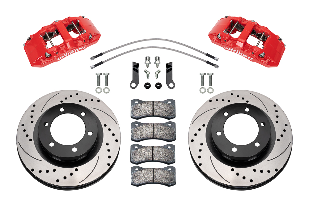 Wilwood AERO6-DM Direct-Mount Truck Front Brake Kit Parts Laid Out - Red Powder Coat Caliper - SRP Drilled & Slotted Rotor