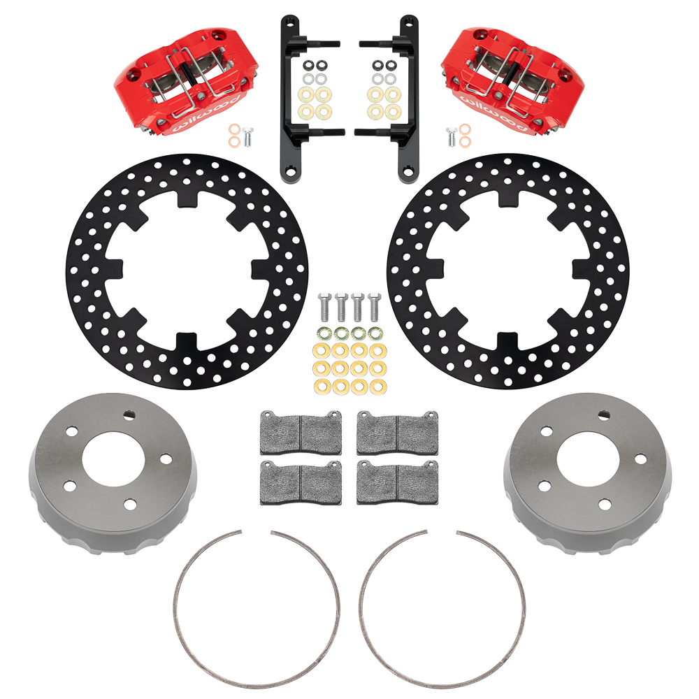 Wilwood NDPR Front UTV Brake Kit Parts Laid Out - Red Powder Coat Caliper - Drilled Rotor