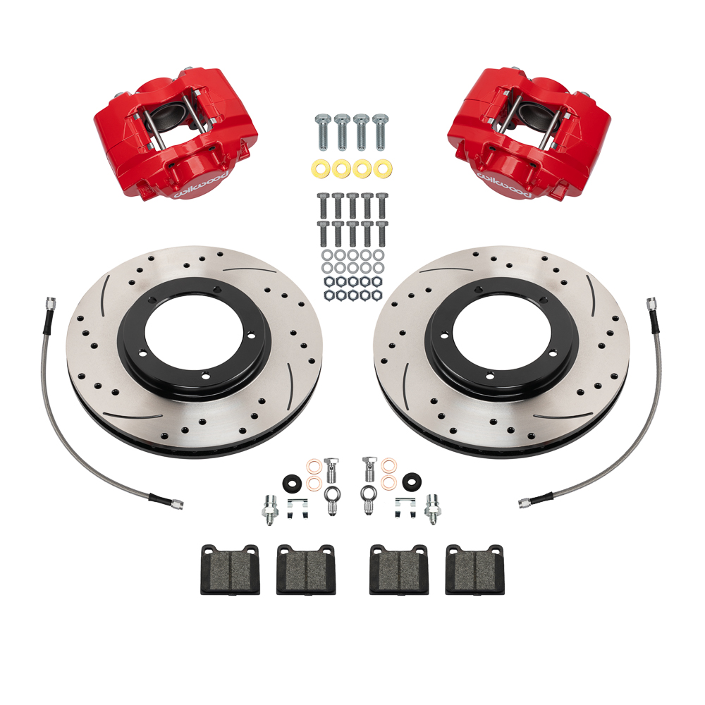 Wilwood D31 Front Brake Kit Parts Laid Out - Red Powder Coat Caliper - SRP Drilled & Slotted Rotor