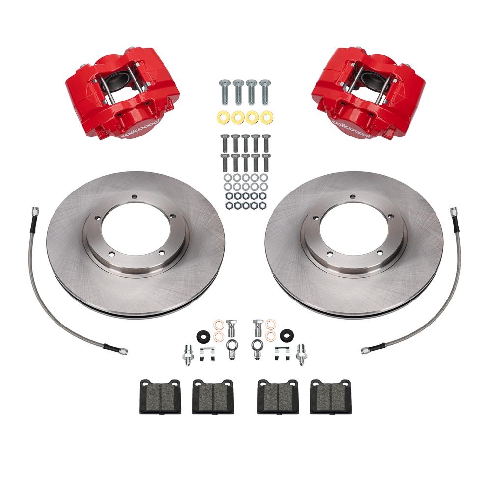 Wilwood D31 Front Brake Kit Parts Laid Out - Red Powder Coat Caliper - Plain Face Rotor