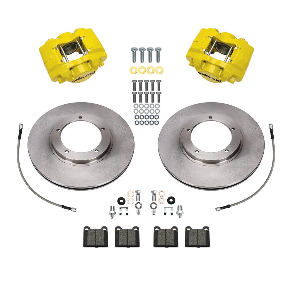 Wilwood D31 Front Brake Kit Parts Laid Out - Yellow Powder Coat Caliper - Plain Face Rotor