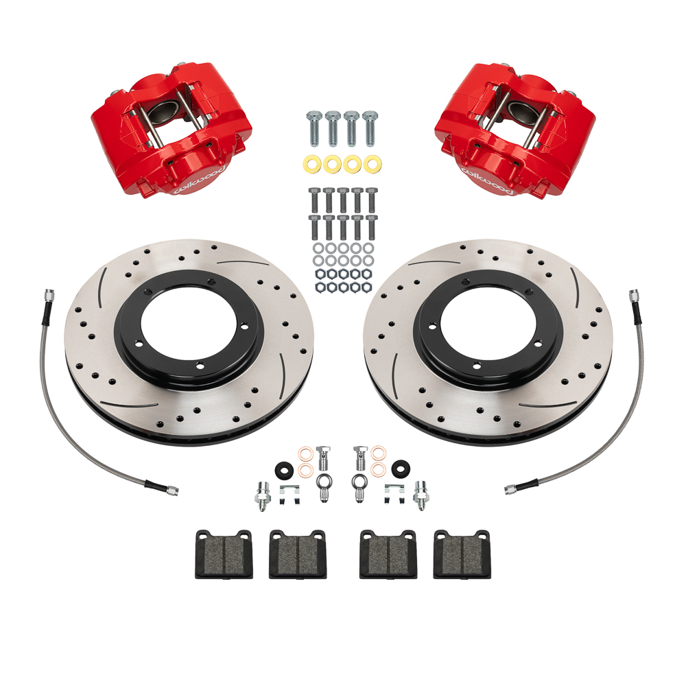 Wilwood D45 Front Brake Kit Parts Laid Out - Red Powder Coat Caliper - SRP Drilled & Slotted Rotor