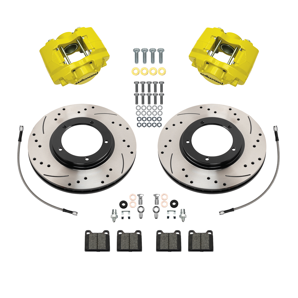 Wilwood D45 Front Brake Kit Parts Laid Out - Yellow Powder Coat Caliper - SRP Drilled & Slotted Rotor