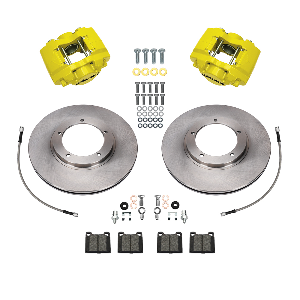 Wilwood D45 Front Brake Kit Parts Laid Out - Yellow Powder Coat Caliper - Plain Face Rotor