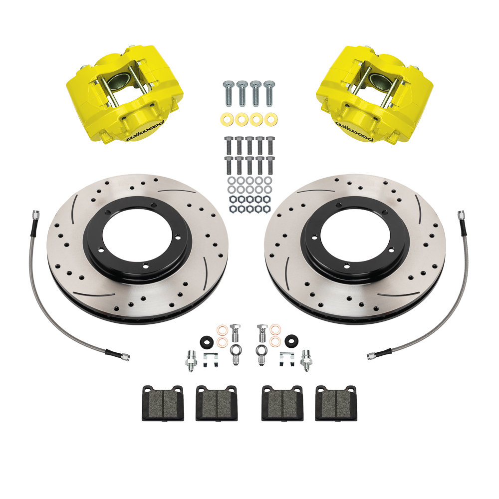 Wilwood D45 Front Brake Kit Parts Laid Out - Yellow Powder Coat Caliper - SRP Drilled & Slotted Rotor