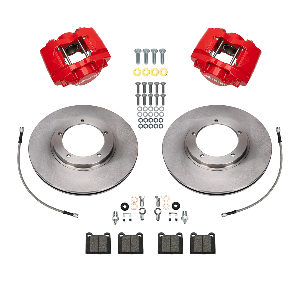 Wilwood D45 Front Brake Kit Parts Laid Out - Red Powder Coat Caliper - Plain Face Rotor