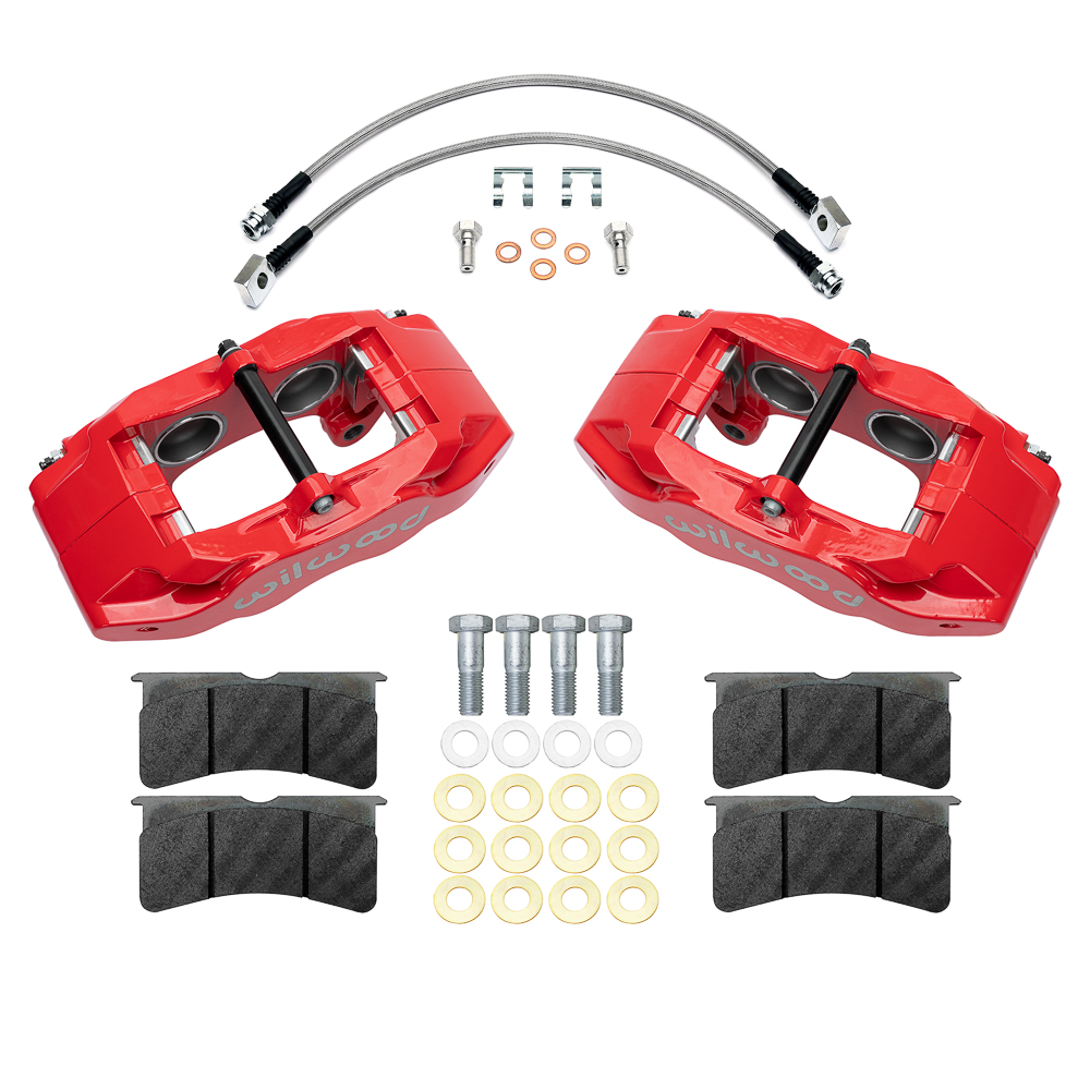 Wilwood SLC56 Front Replacement Caliper Kit Parts Laid Out - Red Powder Coat Caliper