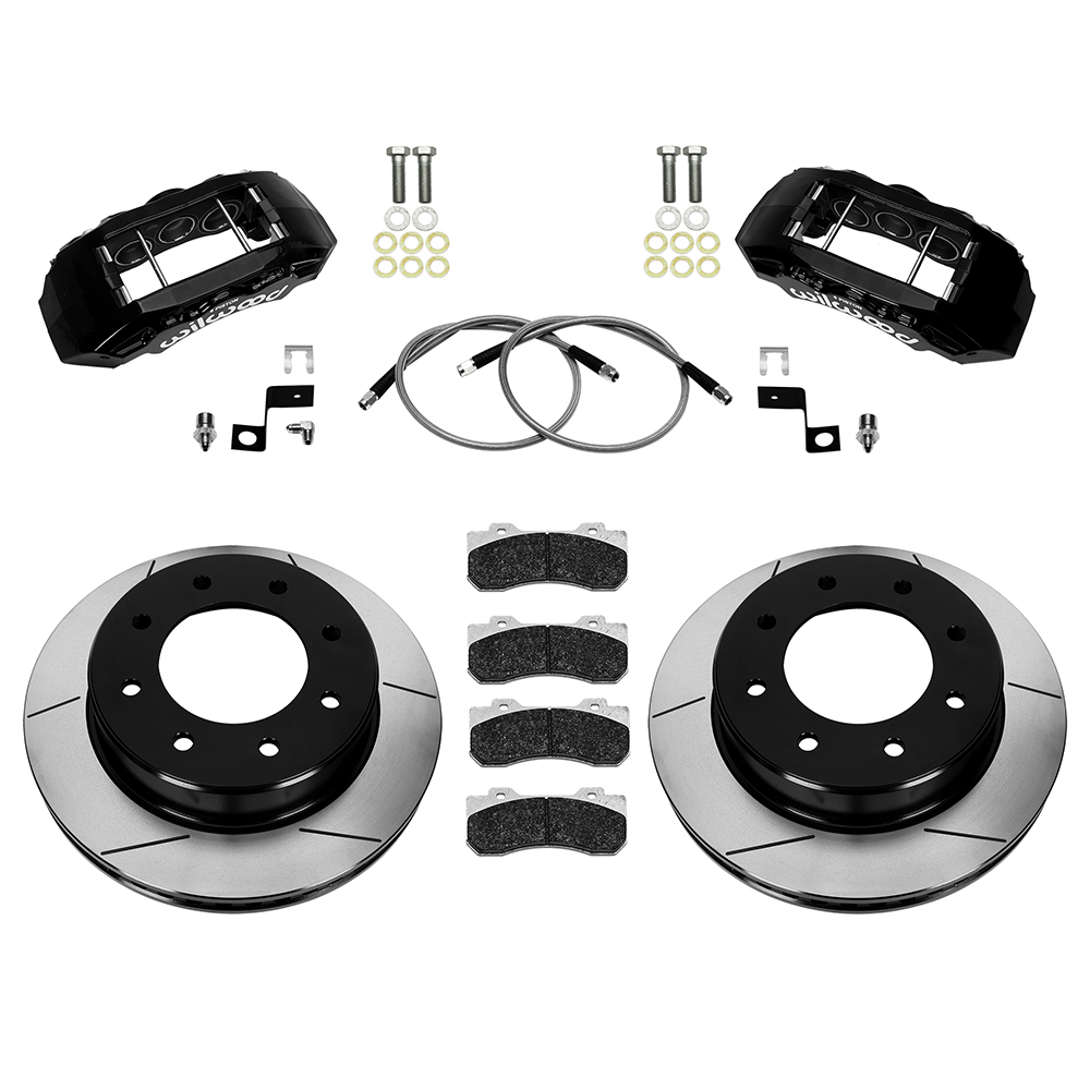 Wilwood TX6-DM Big Brake Truck Front Brake Kit Parts Laid Out - Black Powder Coat Caliper - GT Slotted Rotor