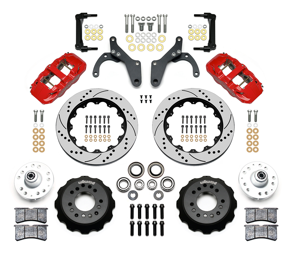 Wilwood AERO6 Big Brake Front Brake Kit Parts Laid Out - Red Powder Coat Caliper - SRP Drilled & Slotted Rotor