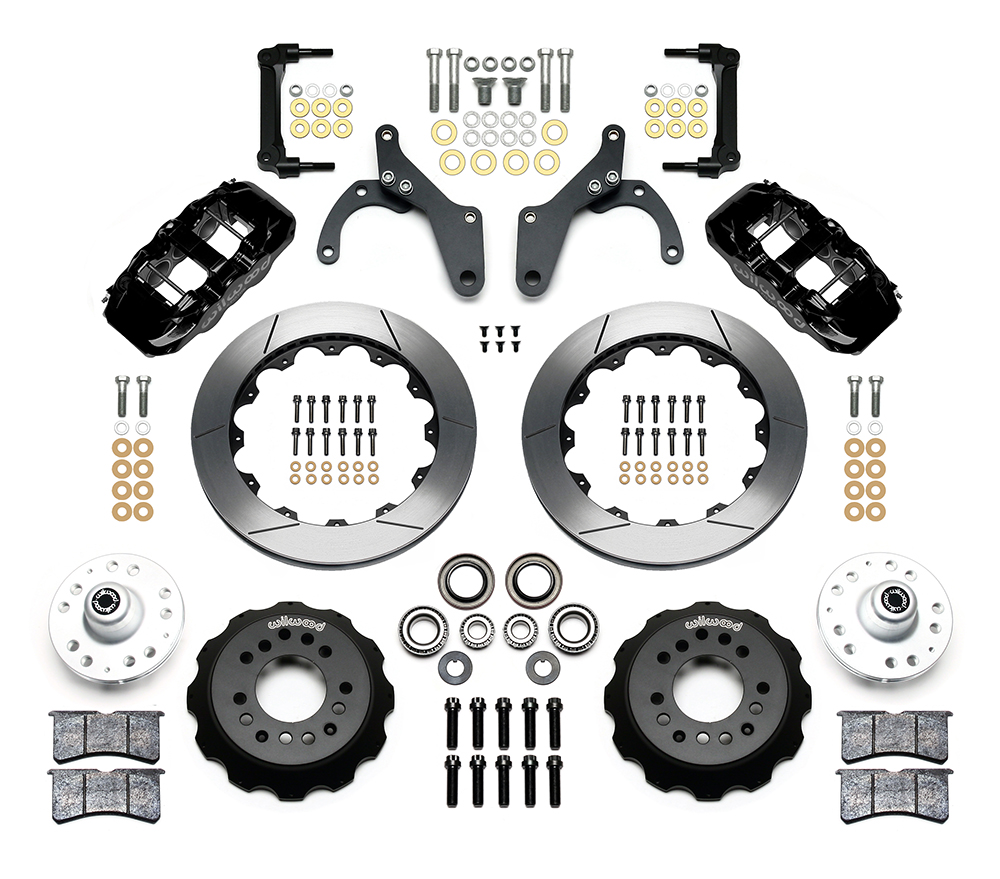 Wilwood AERO6 Big Brake Front Brake Kit Parts Laid Out - Black Powder Coat Caliper - GT Slotted Rotor