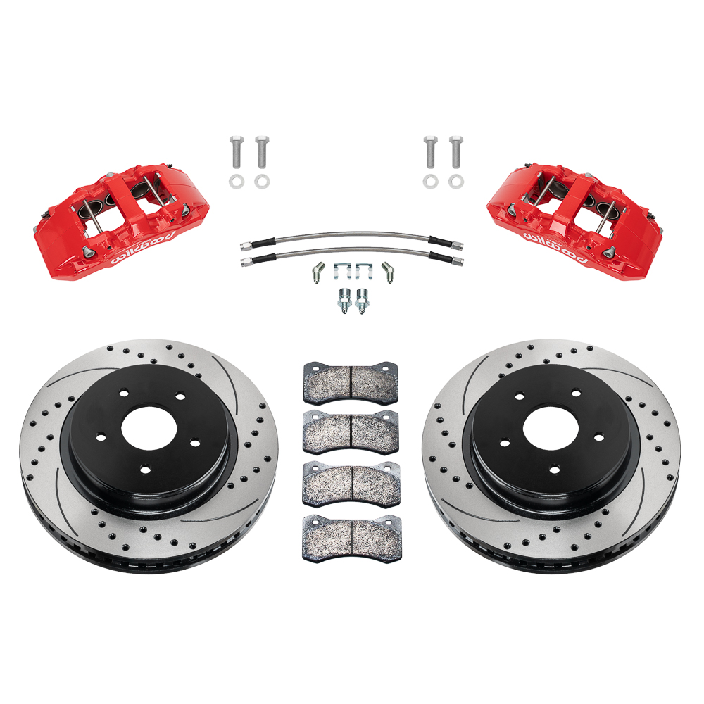 Wilwood AERO6-DM Direct-Mount Truck Front Brake Kit Parts Laid Out - Red Powder Coat Caliper - SRP Drilled & Slotted Rotor