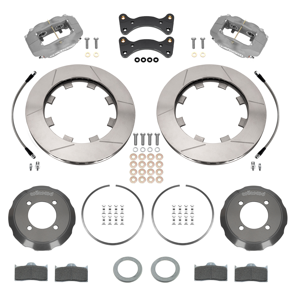 Wilwood Forged Dynalite Big Brake Front Brake Kit (Race) Parts Laid Out - Type III Anodize Caliper - GT Slotted Rotor