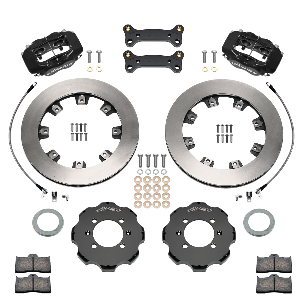 Wilwood Forged Dynalite Big Brake Front Brake Kit (Hat) Parts Laid Out - Black Powder Coat Caliper - Plain Face Rotor