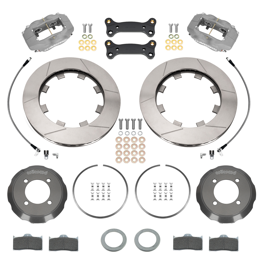 Wilwood Forged Dynalite Big Brake Front Brake Kit (Race) Parts Laid Out - Type III Anodize Caliper - GT Slotted Rotor