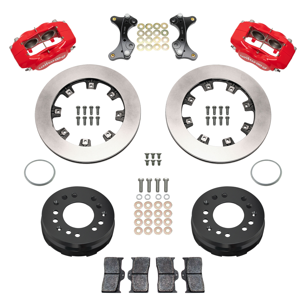 Wilwood Forged Dynalite Big Brake Front Brake Kit (Hat) Parts Laid Out - Red Powder Coat Caliper - Plain Face Rotor