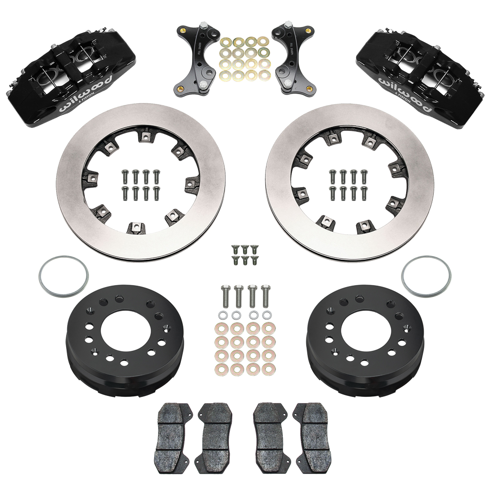 Wilwood Forged Dynapro 6 Big Brake Front Brake Kit (Hat) Parts Laid Out - Black Powder Coat Caliper - Plain Face Rotor