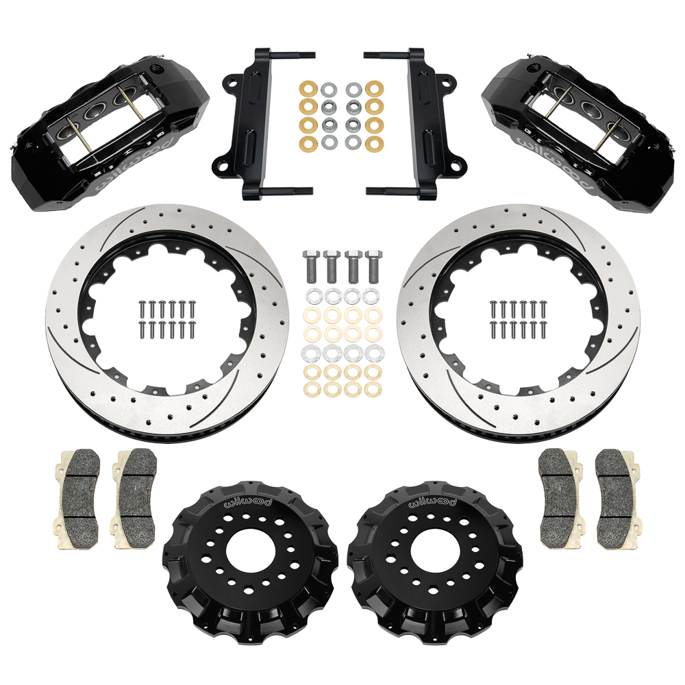 Wilwood TX6R Big Brake Truck Front Brake Kit Parts Laid Out - Black Powder Coat Caliper - SRP Drilled & Slotted Rotor