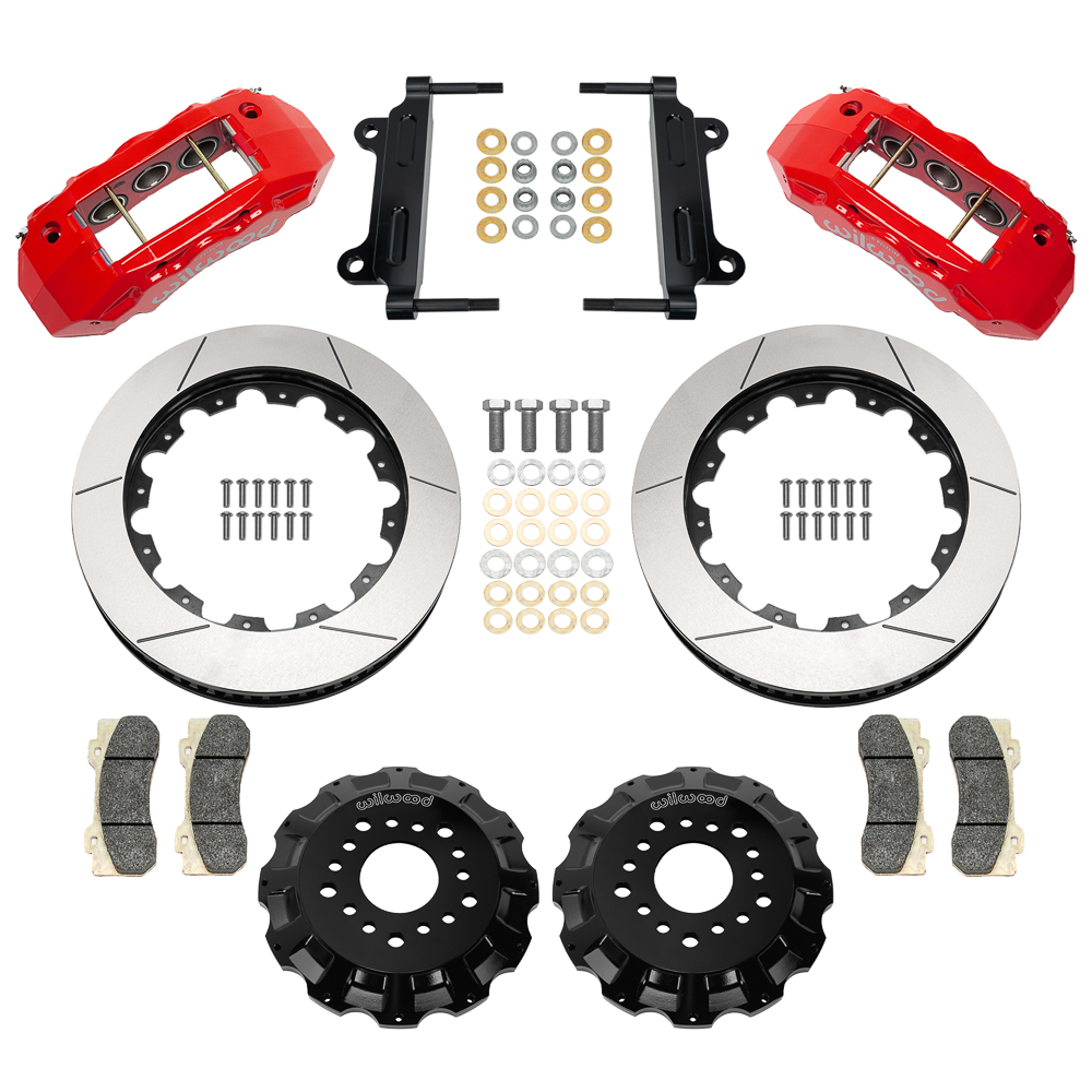 Wilwood TX6R Big Brake Truck Front Brake Kit Parts Laid Out - Red Powder Coat Caliper - GT Slotted Rotor