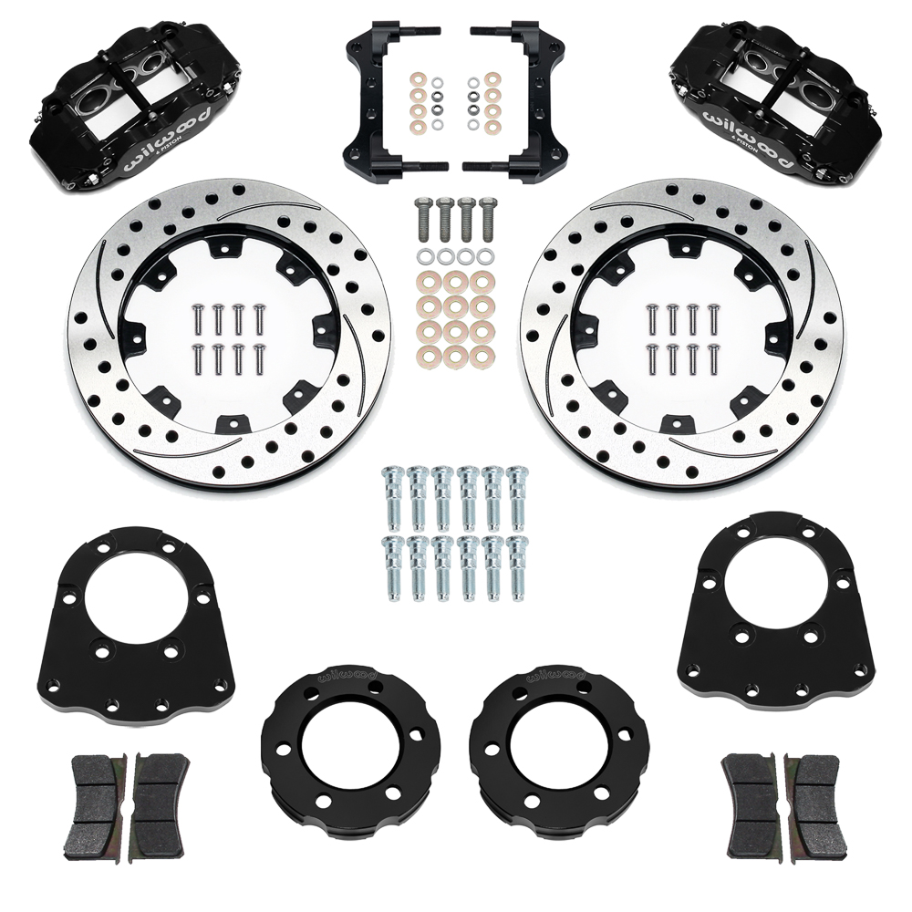 Wilwood Forged Narrow Superlite 6R Big Brake Front Brake Kit (Hat) Parts Laid Out - Black Powder Coat Caliper - SRP Drilled & Slotted Rotor