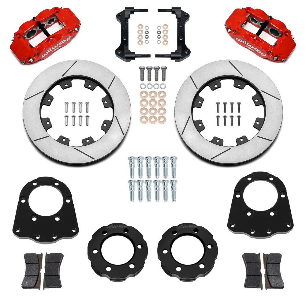 Wilwood Forged Narrow Superlite 6R Big Brake Front Brake Kit (Hat) Parts Laid Out - Red Powder Coat Caliper