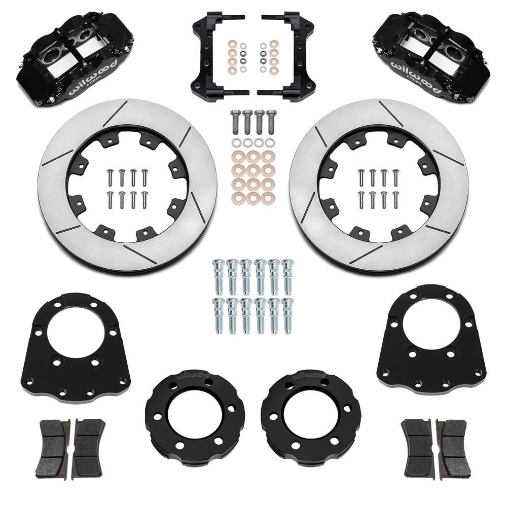 Wilwood Forged Narrow Superlite 6R Big Brake Front Brake Kit (Hat) Parts Laid Out - Black Powder Coat Caliper
