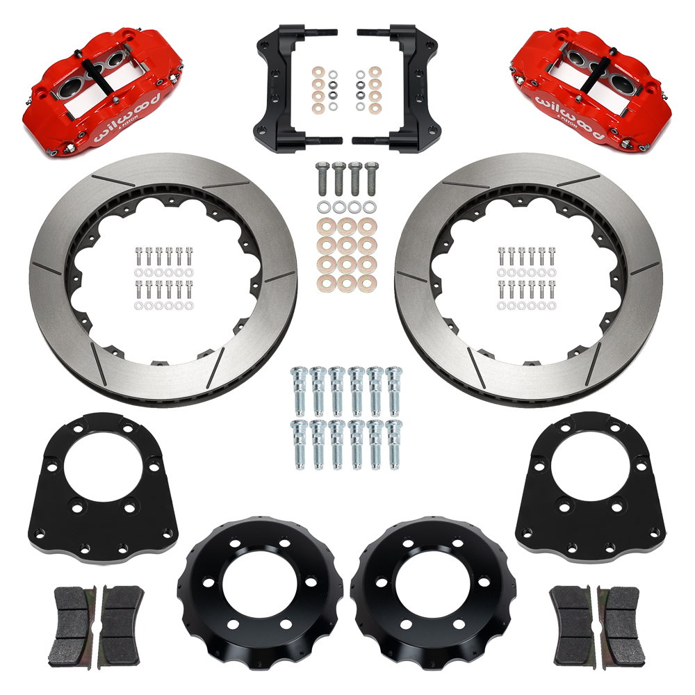 Wilwood Forged Narrow Superlite 6R Big Brake Front Brake Kit (Hat) Parts Laid Out - Red Powder Coat Caliper - GT Slotted Rotor