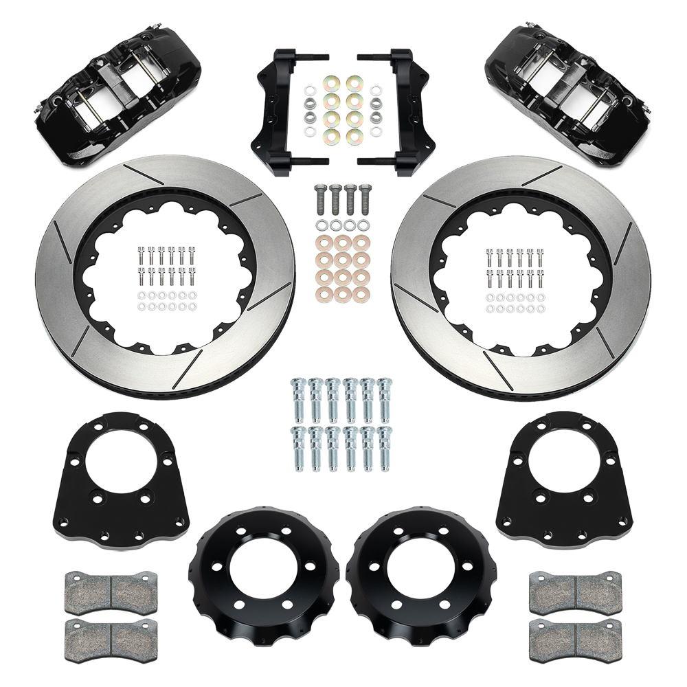 Wilwood AERO6 Big Brake Front Brake Kit Parts Laid Out - Black Powder Coat Caliper - GT Slotted Rotor