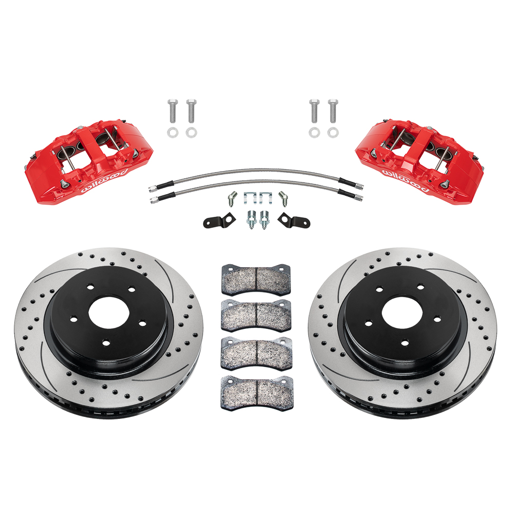 Wilwood AERO6-DM Direct-Mount Truck Front Brake Kit Parts Laid Out - Red Powder Coat Caliper - SRP Drilled & Slotted Rotor