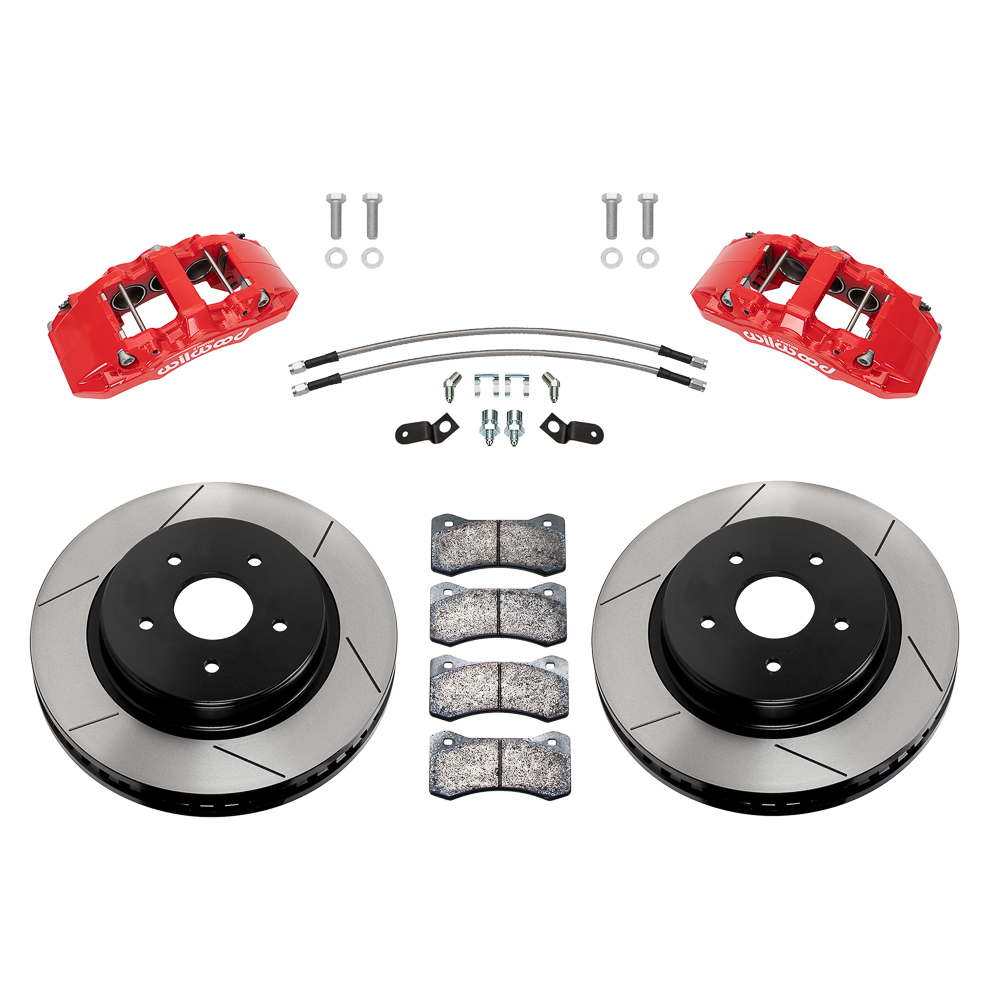 Wilwood AERO6-DM Direct-Mount Truck Front Brake Kit Parts Laid Out - Red Powder Coat Caliper - GT Slotted Rotor