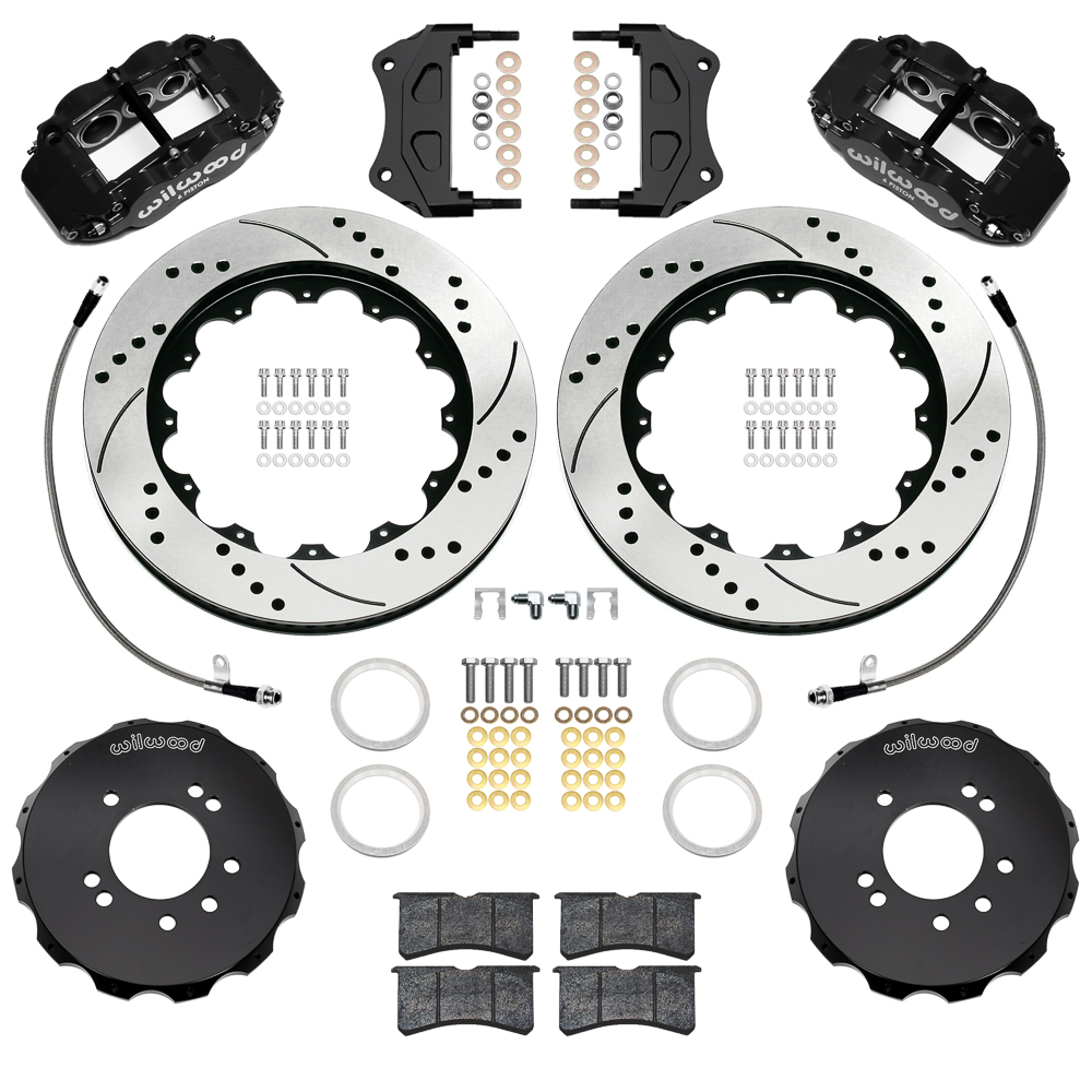 Wilwood Forged Narrow Superlite 6R Big Brake Front Brake Kit (Hat) Parts Laid Out - Black Powder Coat Caliper - SRP Drilled & Slotted Rotor