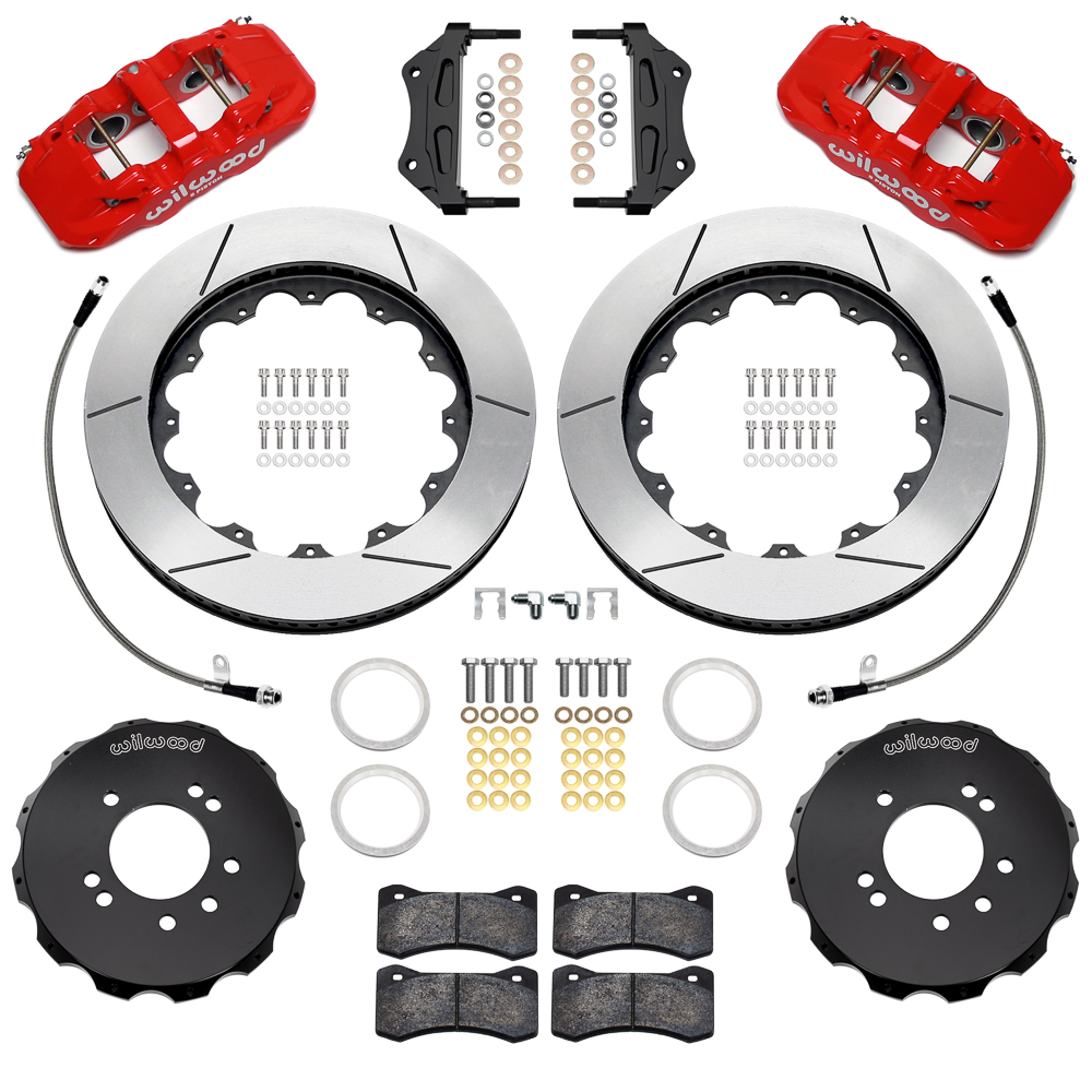 Wilwood AERO6 Big Brake Front Brake Kit Parts Laid Out - Red Powder Coat Caliper - GT Slotted Rotor