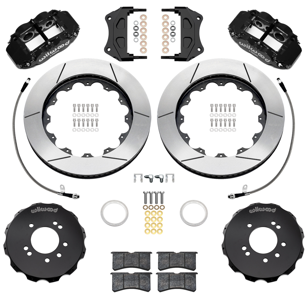 Wilwood Forged Narrow Superlite 6R Big Brake Front Brake Kit (Hat) Parts Laid Out - Black Powder Coat Caliper - GT Slotted Rotor
