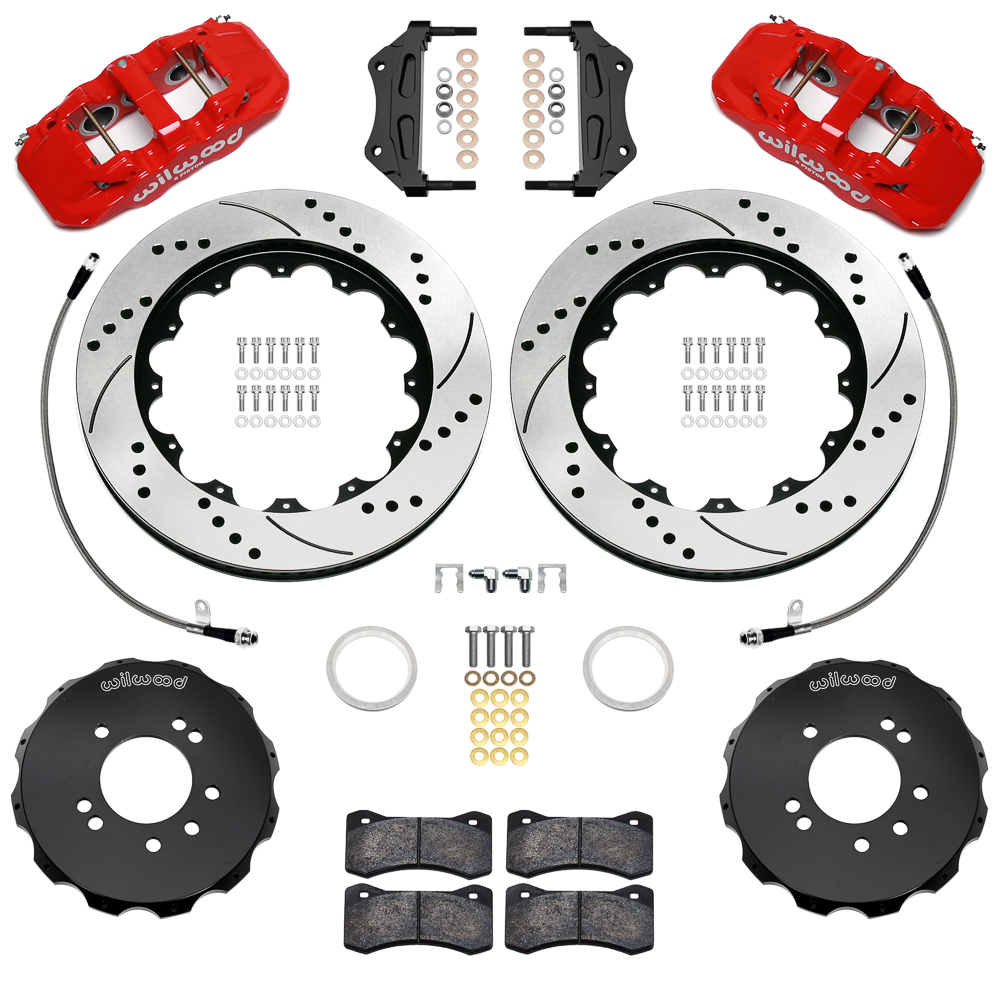 Wilwood AERO6 Big Brake Front Brake Kit Parts Laid Out - Red Powder Coat Caliper - SRP Drilled & Slotted Rotor