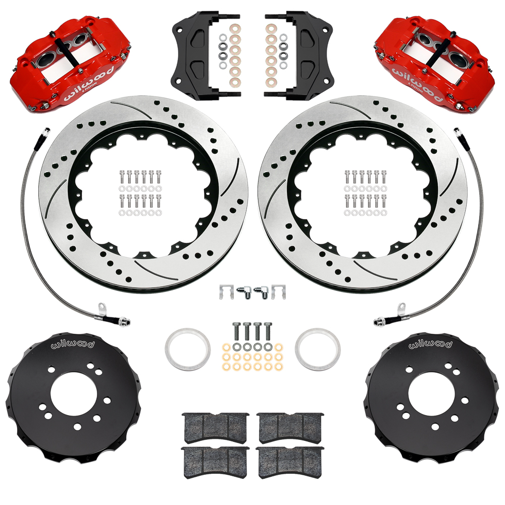 Wilwood Forged Narrow Superlite 6R Big Brake Front Brake Kit (Hat) Parts Laid Out - Red Powder Coat Caliper - SRP Drilled & Slotted Rotor