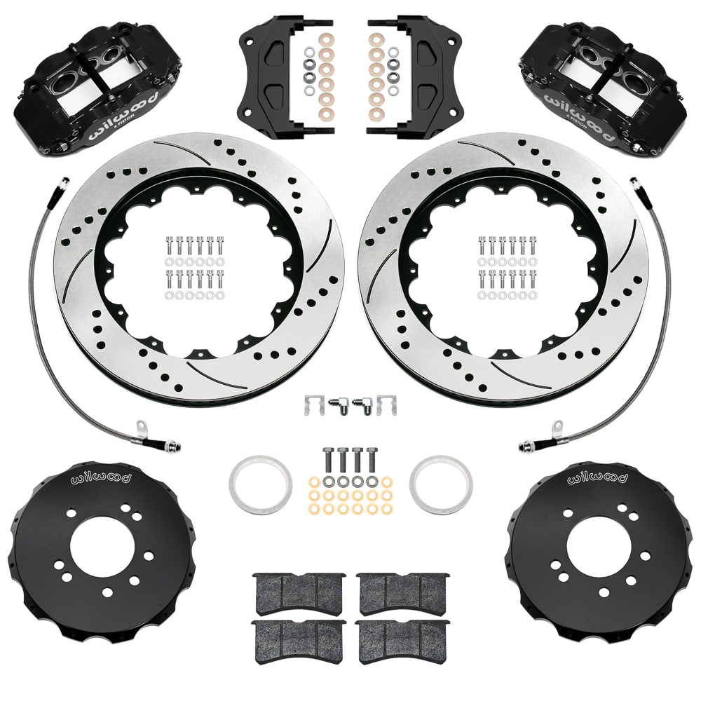Wilwood Forged Narrow Superlite 6R Big Brake Front Brake Kit (Hat) Parts Laid Out - Black Powder Coat Caliper - SRP Drilled & Slotted Rotor