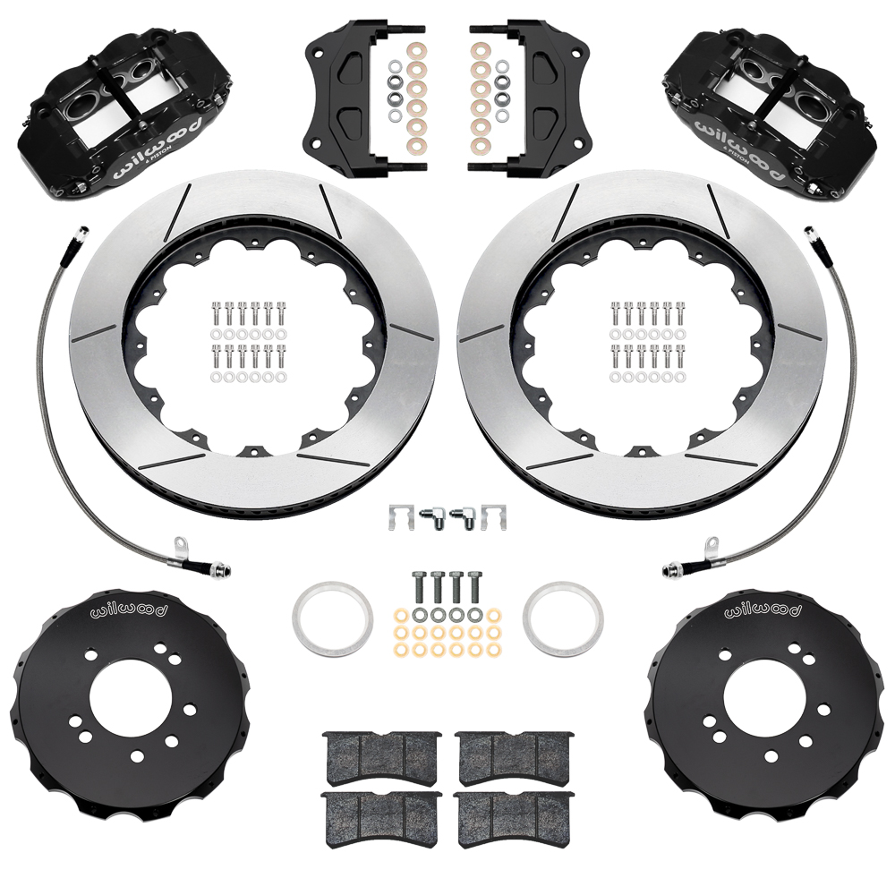 Wilwood Forged Narrow Superlite 6R Big Brake Front Brake Kit (Hat) Parts Laid Out - Black Powder Coat Caliper - GT Slotted Rotor