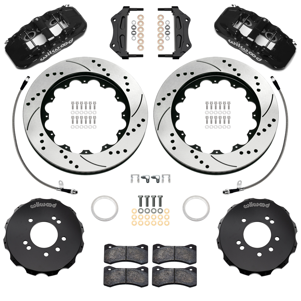 Wilwood AERO6 Big Brake Front Brake Kit Parts Laid Out - Black Powder Coat Caliper - SRP Drilled & Slotted Rotor