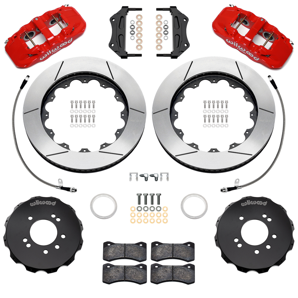 Wilwood AERO6 Big Brake Front Brake Kit Parts Laid Out - Red Powder Coat Caliper - GT Slotted Rotor
