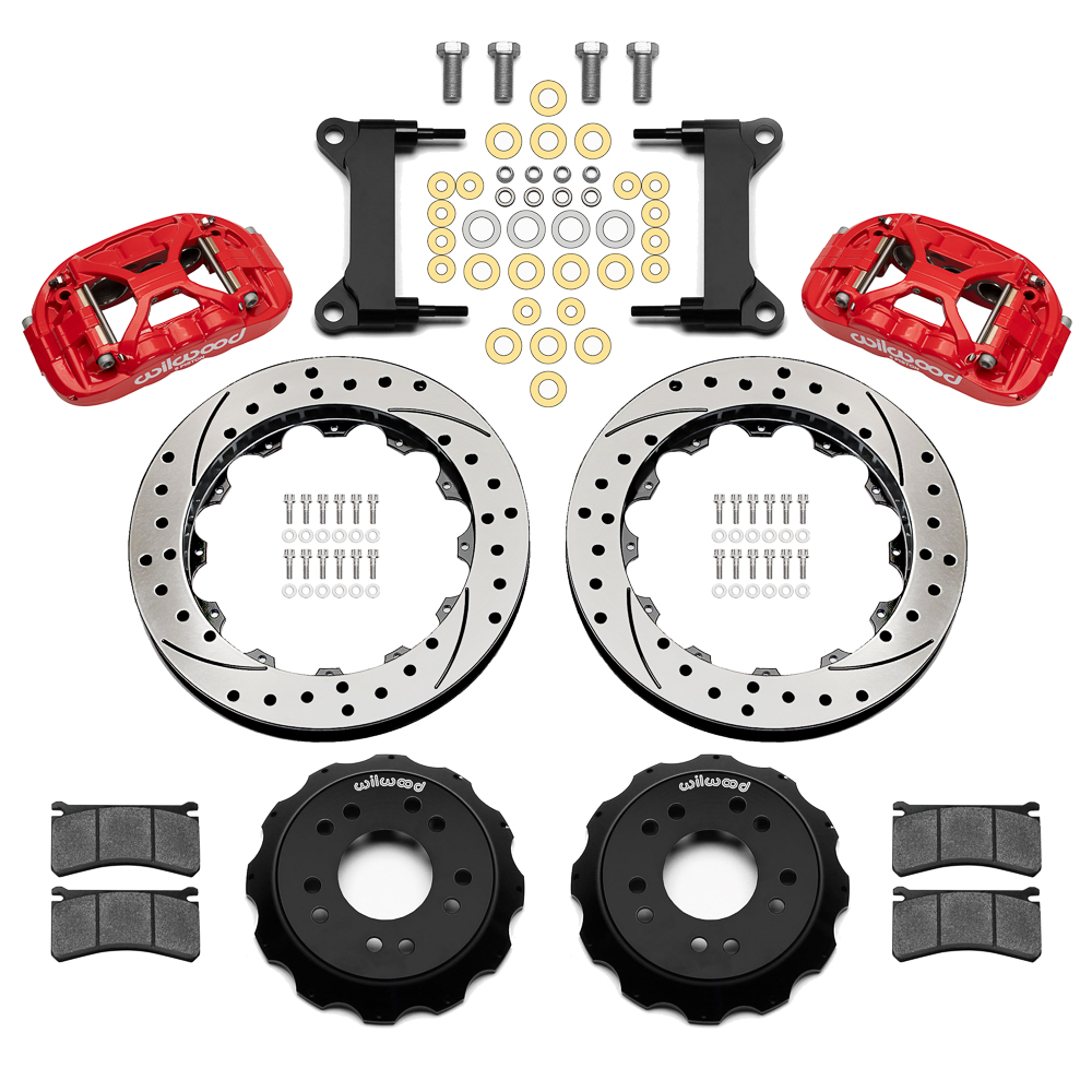 Wilwood Forged XRS6R Big Brake Front Brake Kit (Hat) Parts Laid Out - Red Powder Coat Caliper - SRP Drilled & Slotted Rotor