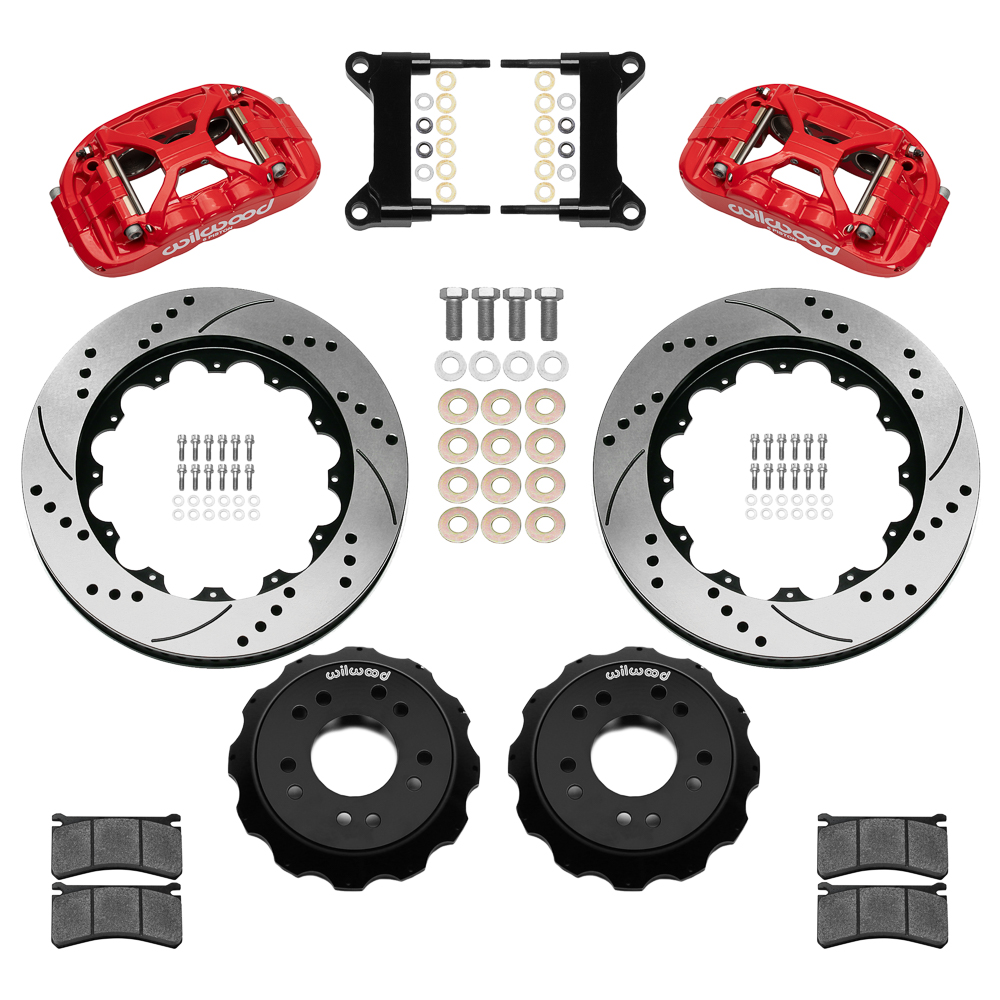 Wilwood Forged XRS6R Big Brake Front Brake Kit (Hat) Parts Laid Out - Red Powder Coat Caliper - SRP Drilled & Slotted Rotor