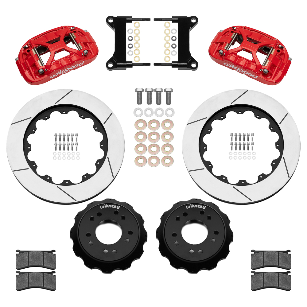 Wilwood Forged XRS6R Big Brake Front Brake Kit (Hat) Parts Laid Out - Red Powder Coat Caliper - GT Slotted Rotor