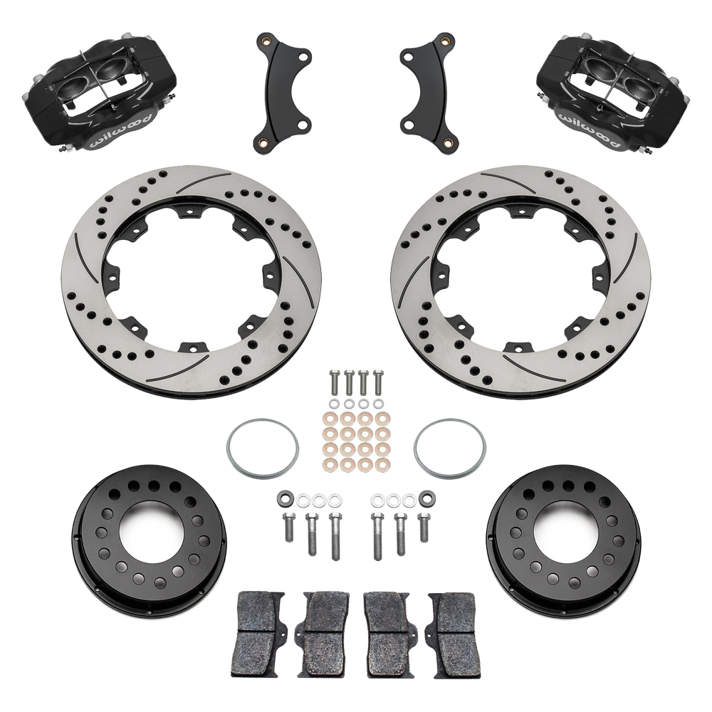 Wilwood Forged Dynalite Big Brake Front Brake Kit (Hat) Parts Laid Out - Black Powder Coat Caliper - SRP Drilled & Slotted Rotor