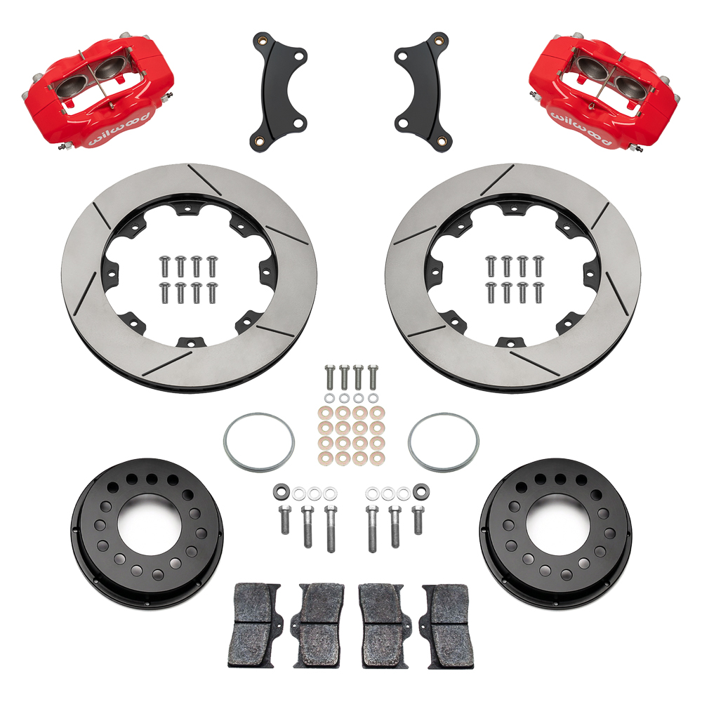 Wilwood Forged Dynalite Big Brake Front Brake Kit (Hat) Parts Laid Out - Red Powder Coat Caliper