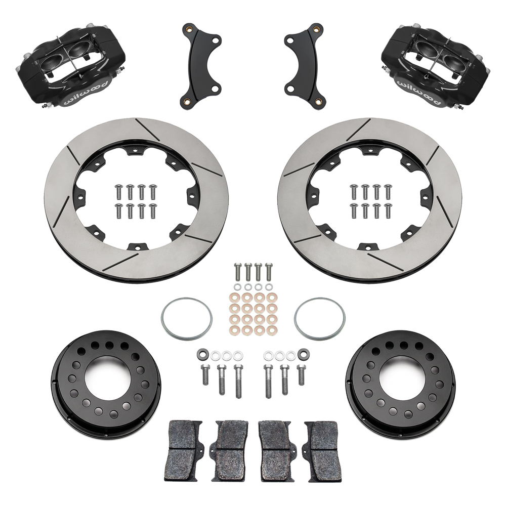 Wilwood Forged Dynalite Big Brake Front Brake Kit (Hat) Parts Laid Out - Black Powder Coat Caliper