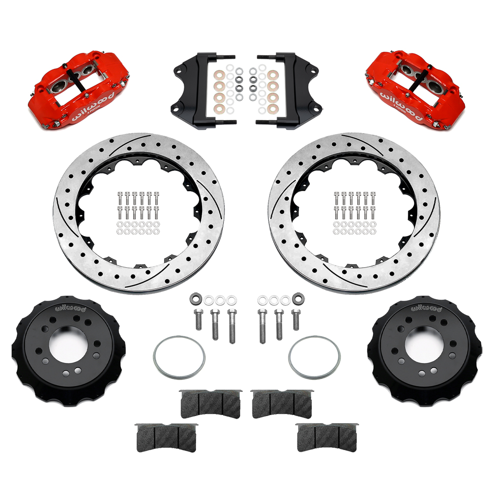 Wilwood Forged Narrow Superlite 6R Big Brake Front Brake Kit (Hat) Parts Laid Out - Red Powder Coat Caliper - SRP Drilled & Slotted Rotor